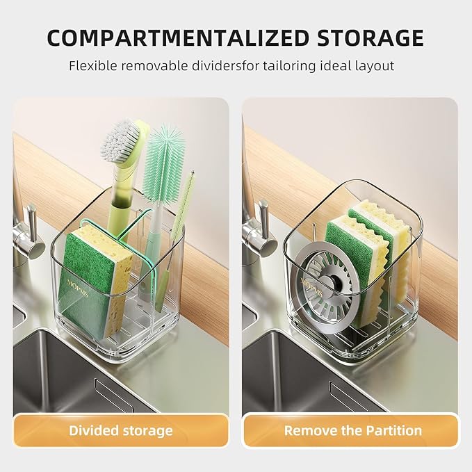 Minimalist Sponge Holder for Kitchen Sink, 3 Slots Sink Caddy with Removable Divider and Drip Tray, Clear PET Countertop Organizer to Free up Kitchen Sink Space
