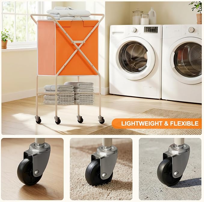 Convenient Laundry Basket with Wheels,36" High Easy Rolling Laundry Cart with Wheels,Heavy Duty Dirty Clothes Laundry Hamper with Handles Removable Bag for Seniors,Folding Metal Frame/Orange/98L
