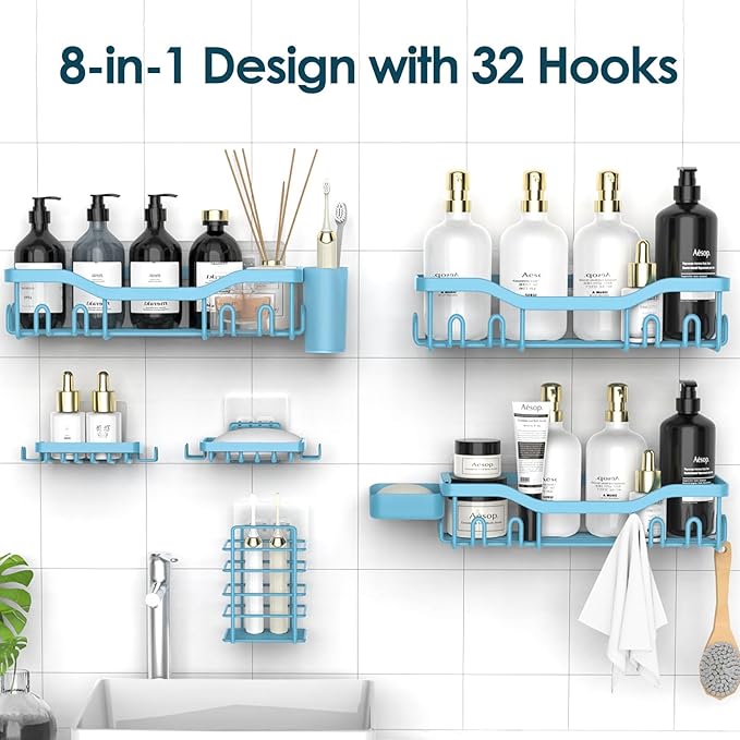 Shower Caddy Adhesive Shower Organizer 8-Pack, Rustproof Stainless Steel Bathroom Shelves, Large Capacity No-Drill Rack Storage Accessories with Soap Dish Toothbrush Holder Hooks