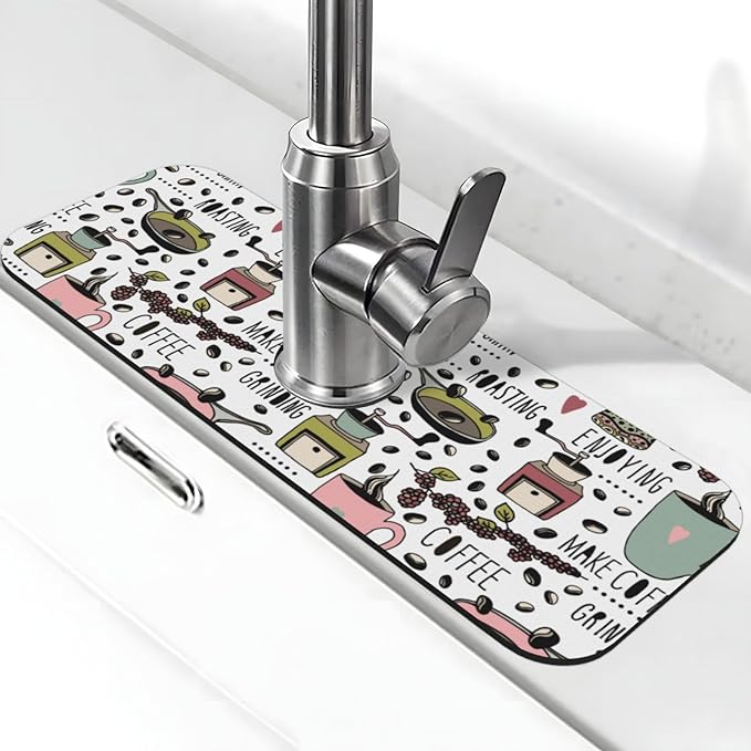 Coffee Coffe Kitchen Sink Splash Guard Faucet Mat Super Absorbent Fast Drying Mat Sink Gadgets-Fast Drying Pad Sink Mat For Kitchen Bathroom (15" X 5.5" )