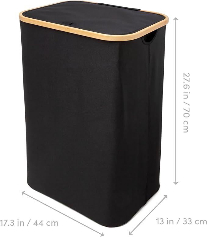 QUALIAZERO 87L Laundry Hamper with Lid – Single Section Bamboo Frame Hamper with Removable Inner Bag & Pull-Tab Cover, Slim Design for Bedroom, Bathroom, or Laundry Room (ONYX BLACK, SINGLE)