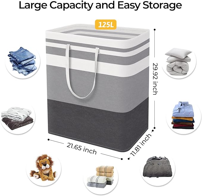 HomeHacks 3-Pack Large Laundry Basket, Waterproof, Freestanding Laundry Hamper, Collapsible Tall Clothes Hamper with Extended Handles for Clothes in The Dorm and Family-(Gradient Grey, 125L)