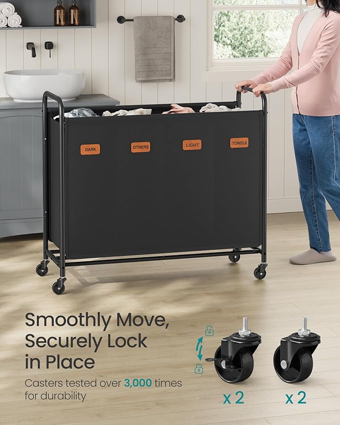 SONGMICS 4-Section Laundry Sorter, Laundry Hamper with Wheels, Rolling Clothes Hamper Cart with Large Capacity and Removable Bags, for Laundry Room, Bedroom, Bathroom, Ink Black URLS460B01