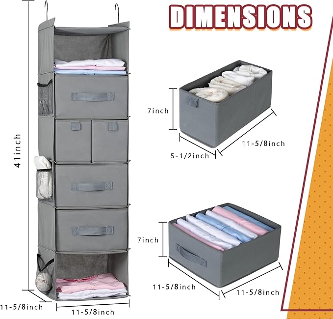 6-Shelves Hanging Closet Organizer with 5 Different Drawers, Foldable Closet Organizers and Storage for Wardrobe, Closet& RV, Clothes and Accessories Storage, Non-Woven Fabric, Gray
