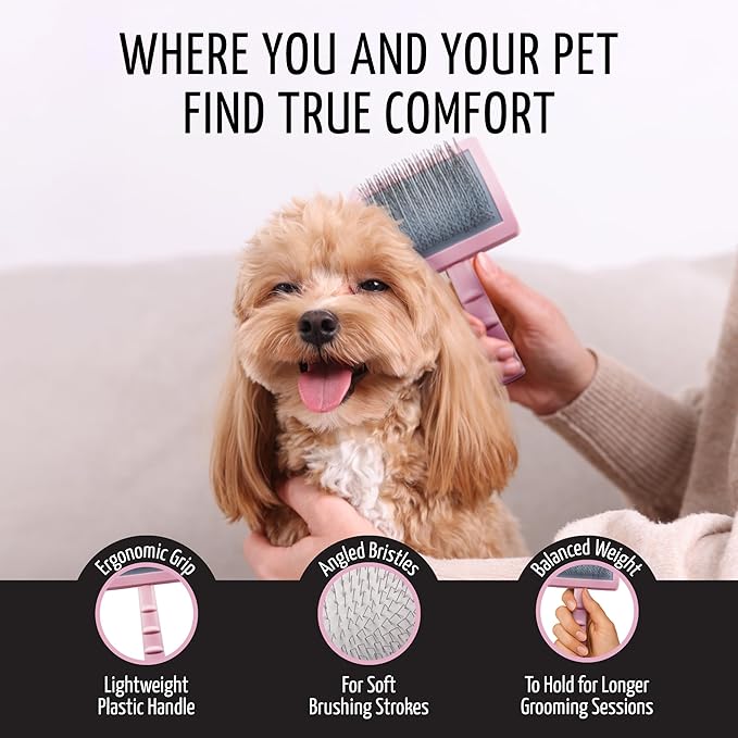 Tauro Pro Line Deshedding Slicker Brush for Dogs & Cats, Soft Pins for Gentle Dematting & Detangling, Grooming Tool for Long & Dense Coats, Ideal for Rough Collies, Non-Slip Grip, Pink, Large Size (L)