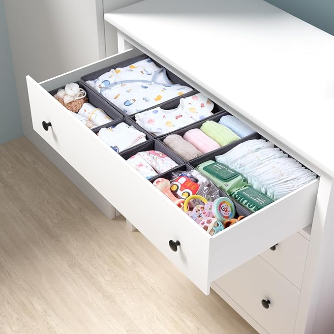 8 Pack Drawer Organizer for Baby Clothes, Foldable & Washable Bins - Perfect for Nursery & Dresser Organization, Grey - Durable Storage Solution for Baby Essentials, Socks,