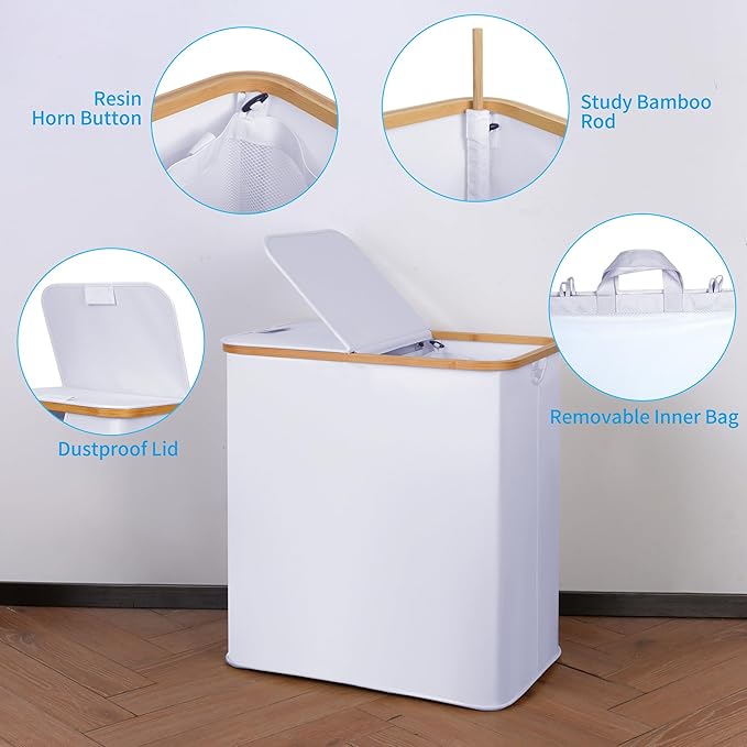 efluky Laundry Hamper with Lid, Double Laundry Hamper with 2 Removable Bags, 2 Section Laundry Basket with Bamboo Handles for Bathroom, Bedroom & Laundry Room -White