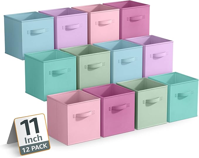 Sorbus 11 Inch Storage Bins - Sturdy Collapsible Fabric Storage Cubes with Handle - 12 Foldable Baskets for Organizing Clothes, Toys, Books - Storage Baskets for Shelves, Closets