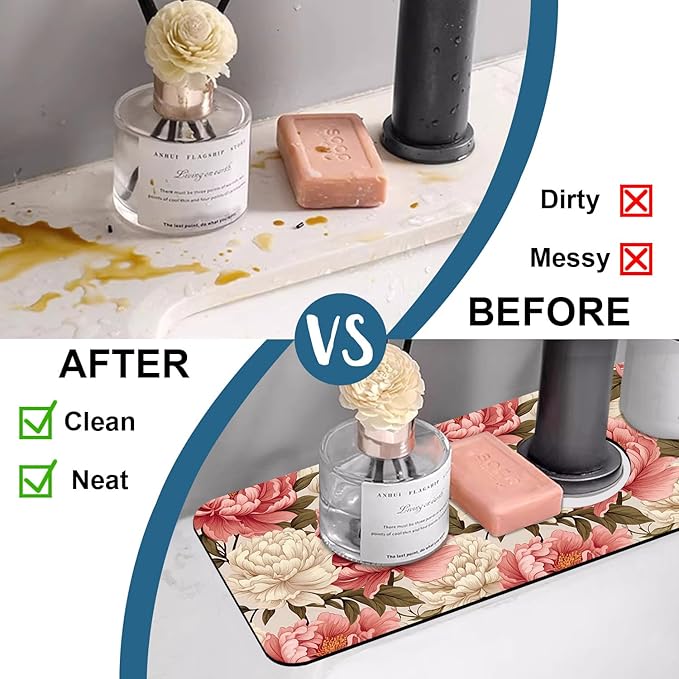 Beautiful Peony Sink Splash Guard Bright Peonies Faucet Absorbing Mat Fast Drying Mat Sink Gadgets Splash Guard Behind Faucet Drip Catcher for Kitchen Bathroom, 15.5"x5.5"