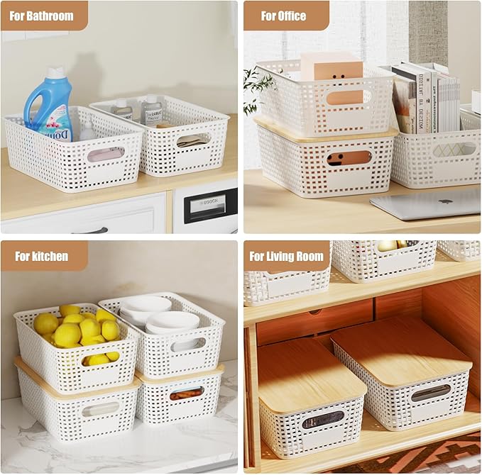 8 Pack Plastic Storage Bins with Bamboo Lids - Stackable Storage Baskets with Lids for Pantry Organizer and Storage, Small Plastic Stackable Storage Bins for Shelves, Office, Cabinet &Pantry,Nursery