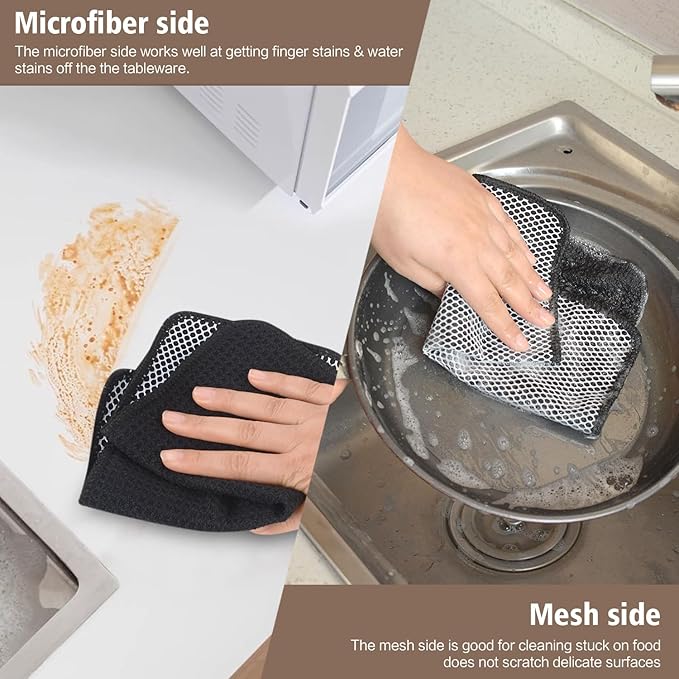 KinHwa Kitchen Washcloths for Dishes Absorbent Microfiber Dish Cloths Quick Dry Dish Rags with Poly Scour Scrub Side Ideal for Kitchen Cleaning (Dark-Black, 9inchx9inch 9 Pack)