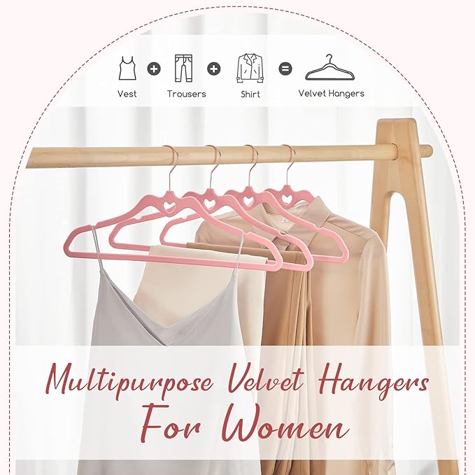 HOUSE DAY Pink Velvet Hangers 60 Pack, Non Slip Flocked Felt Hangers, Sturdy Velvet Clothes Hanger, Cute Heart Heavy Duty Coat Hanger, Ultra Slim Pink for Closet Space Saving