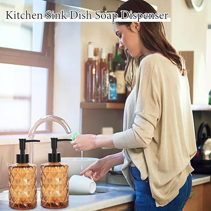 Brown Glass Soap Dispenser, 11 Oz/330ml Liquid Hand Soap Dispenser Set for Kitchen Sink and Bathroom, Dish Lotion Dispenser Set, Diamond Lotion Bottles with Black Pump&Funnel