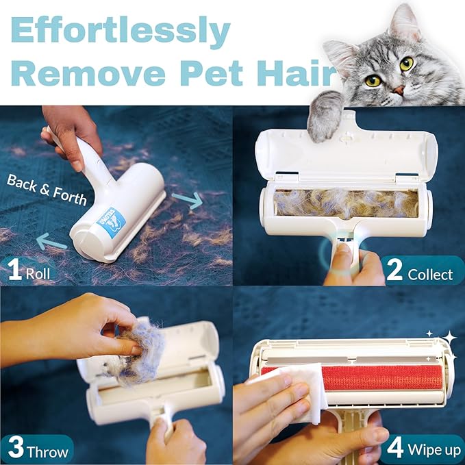 DELOMO Pet Hair Removal Tool: Reusable Lint Roller for Pet Hair, Pet Hair Remover with Built-in Fur Bin, Self-Cleaning Cat and Dog Hair Remover for Couch, Furniture, Bed, Car, Carpet, Clothes