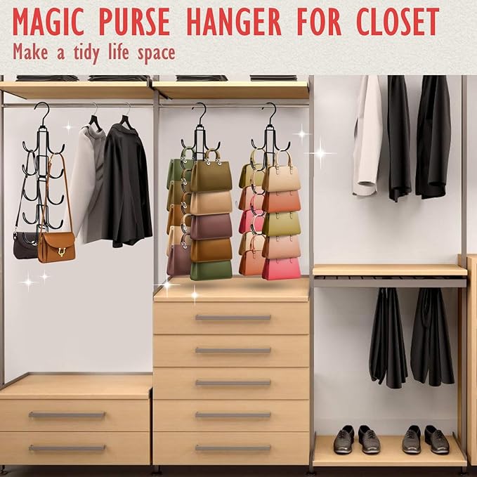 Purse Organizer for Closet, Upgraded Purse Hanger with 10 Big Hooks, 360 Degree Rotation for Better Organizer and Display, Collapsible Space Saving Hangers Rack for Handbag, Scarve, Tie, Black