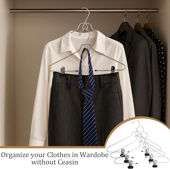 Ripeng 10 Pcs Stackable Skirt Pants Clothes Metal Hangers,Heavy-Duty Skirt Metal Hangers with Adjustable Clips,Space Saving Multi Stackable Add on Organization for Jeans Towels Trousers Ties Socks