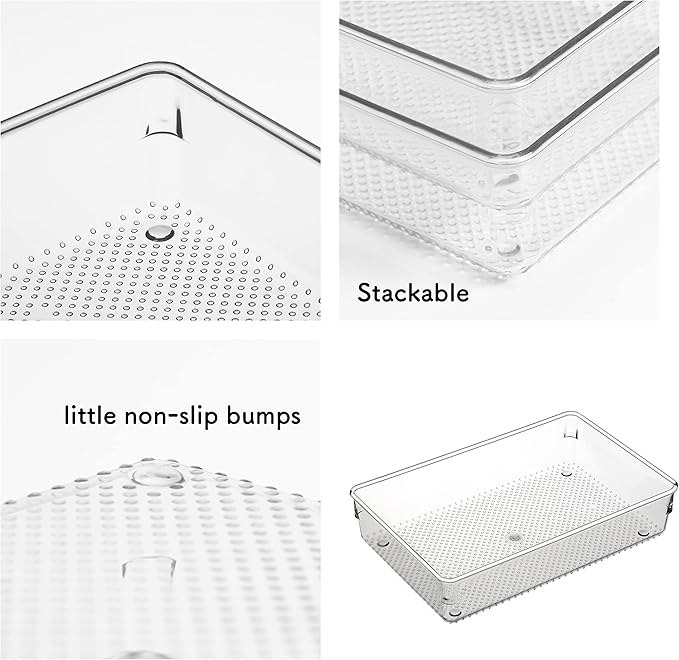 ihomecooker 3 Set Clear Plastic Junk Drawer Organizer Vanity Curlery Utensil Makeups Organizer for Kitchen 6" X9''