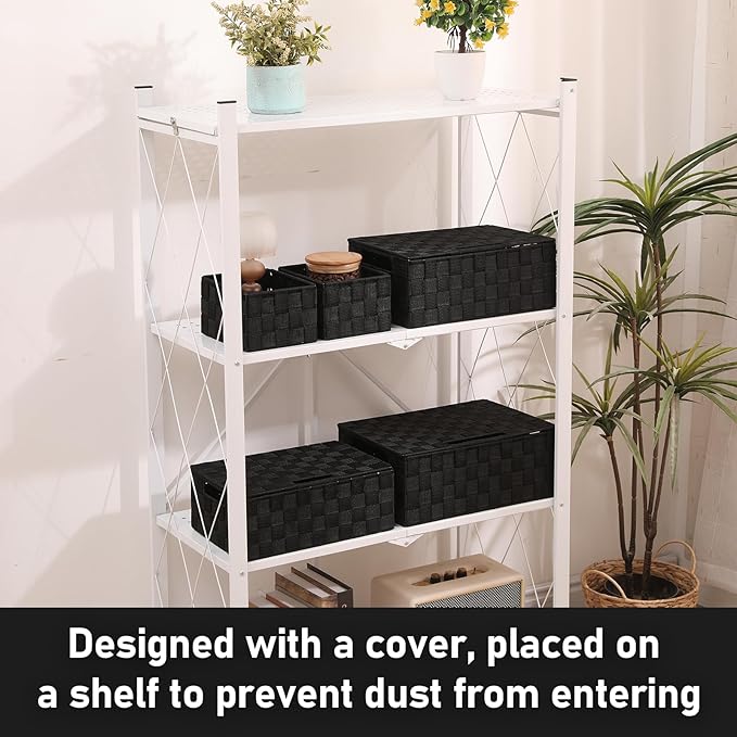 Storage Bins Woven Organizer with Lids Set of 5 – Polypropylene Storage Baskets with Metal Frame, Stackable Fabric Boxes for Drawers, Closet, Shelf, Nursery and Office, Black