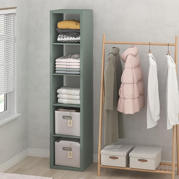 Furinno Cubic Closet Organizers and Storage, 5-Cube Closet Organizer, Open Shelf Closet Storage, Extra Thick Frame for Wardrobe, Bedroom, Living Room, Sage Green