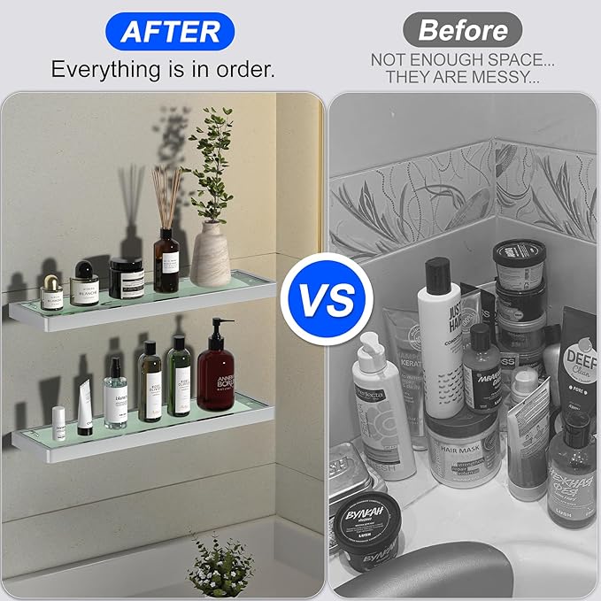 SFGSOWOR 20IN Bathroom Shelves/Shelf Glass Wall Mount Floating Shelves for Bathroom Tempered Glass Rectangular 1 Tier Organizer Wall Shelf (Chrome Polished, 20'')