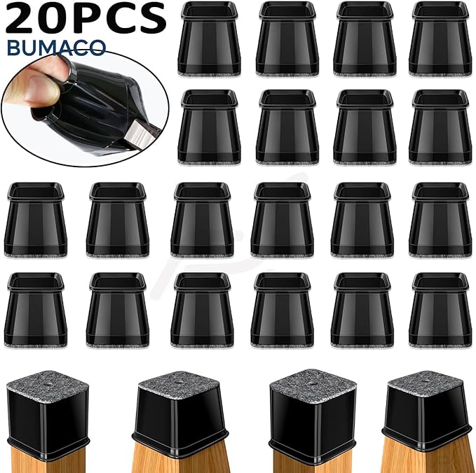 BUMACO Chair Leg Floor Protectors Square Chair Leg Protectors for Hardwood Floors 20Pcs Silicone Covers to Protect Floors Square (Black-L Fit 1-1/16" to 1-5/8")