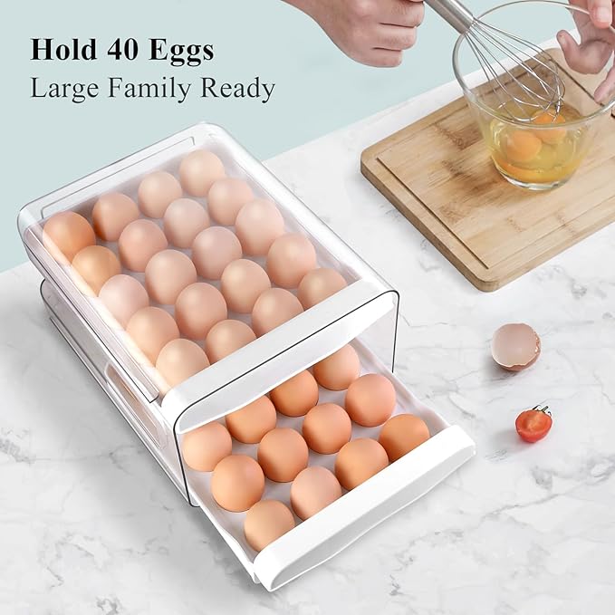 Zagtag® Egg Holder for Fridge, 2-Tier Stackable 40 Eggs Organizer Drawer for Refrigerator, Space-Saving Egg Container, Clear Plastic Egg Tray for Kitchen Storage