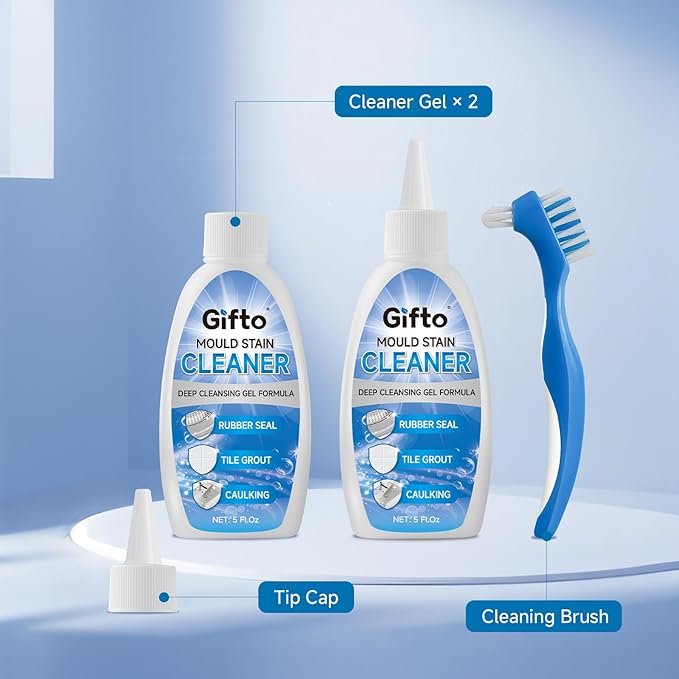 Gifto Mold Stain Remover Gel - Tile Grout Cleaner with Brush, Bleach Gel Washing Machine Cleaner Front Loader, Grout Cleaning Whitener for Bathroom Shower & Kitchen Sink, Non-Toxic, 10 fl oz 2 Pack