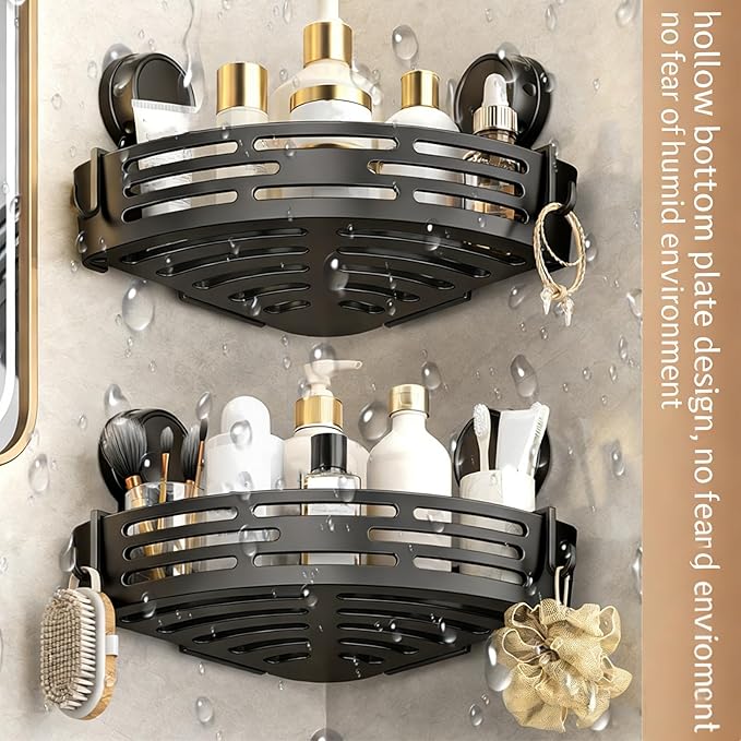 kdlgjdv Triangle Suction Cup Shower Caddy, No-Drill Bathroom Corner Shelf, Small Bathroom Storage Cabinet, Easy To Install, Heavy-Duty Strong Hold Shower Storage Rack For Shampoo & Soap (Black)