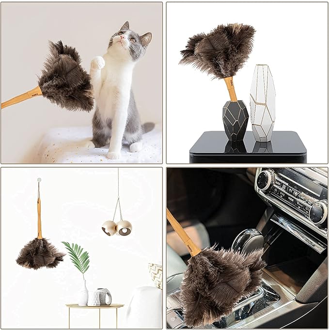 Genuine Ostrich Feather Duster, 16 inch Gray Ostrich Feather Duster with Wood Handle, Reusable Car Dusters, Eco-Friendly Handheld Cleaning Dusters for Home, Office and Kitchen