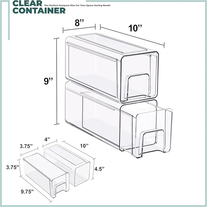 Sorbus Small Clear Stackable Storage Drawers 2-Pack Plastic Organizer Bins with Handles Pull-Out Drawers for Bathroom Closet, Medicine, Cabinet, Pantry Storage, Baby Bottle Organizer
