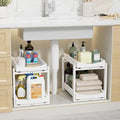 Bamboo Under Sink Organizer Adjustable Height 2 Tier Bathroom Organizer Pull Out Cabinet Storage Kitchen Heave Duty Wood Slide Ou Shelf for Kitchen Bathroom (White, 2 Packs)