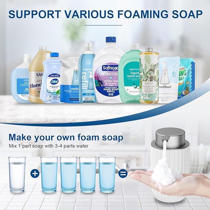 Ceramic Foaming Soap Dispenser, 12 oz Bathroom Foam Hand Soap Dispenser, Refillable Lotion Soap Dispenser with Removable Pump for Kitchen Hand Wash Dispenser, Modern Home Decor (White)