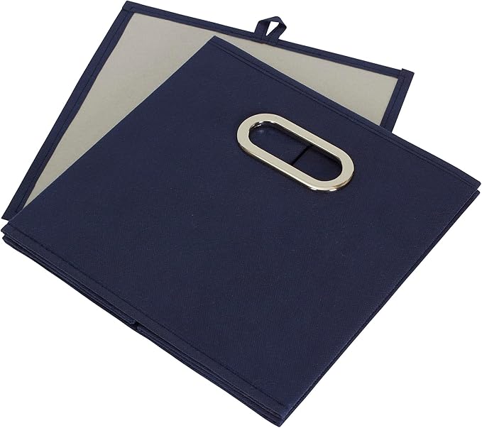 Household Essentials Fabric Storage Bins 6 Piece Set, Strong Poly-Woven Fabric, Sturdy Chipboard Sides, Grommet Front Handle, Stackable and Foldable, Classic Design, Navy