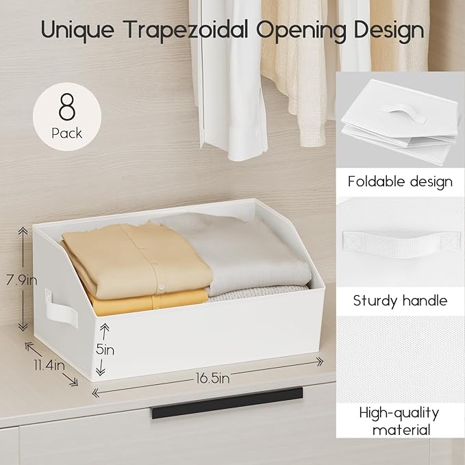 Large Closet Organizers and Storage Bins - 8 Pack Trapezoid Storage Baskets for Shelves, Foldable Fabric Baskets with Handles Ideal for Closet, Basket, Wardrobe and Shelf Storage, Light Grey