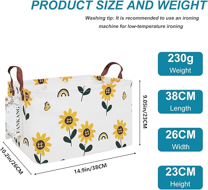 FANKANG Storage Bins, Nursery Hamper Canvas Laundry Basket Foldable with Waterproof PE Coating Large Storage Baskets for Kids Boys and Girls, Office, Bedroom, Clothes,Toys(Rec-Sunflower）