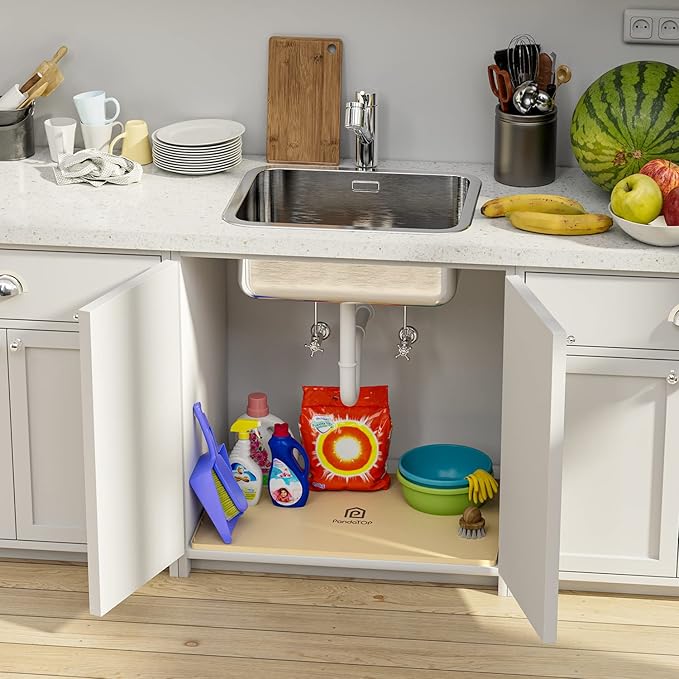 Under Sink Mat, 28" x 22" Silicone Kitchen Cabinet Tray, Waterproof & Flexible Under Sink Liner for Kitchen Bathroom and Laundry Room(Beige)