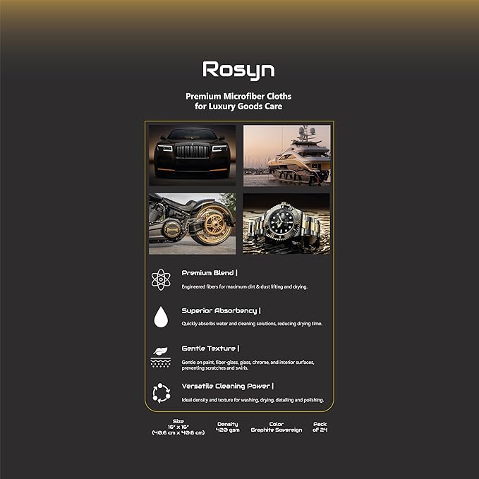 Rosyn Premium 420 GSM Microfiber Cloth Black 16x16 Inches - Luxury Scratch-Free Detailing Towel for Cars, Yachts, Boats & Watches - Ultra Soft, Lint-Free, Highly Absorbent (Large, 24, Count)