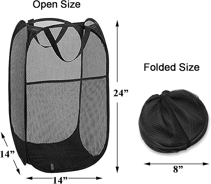 Mesh Pop up Laundry Hamper with Portable, Durable Handles, Collapsible Laundry Basket for Storage, Folding Pop-Up Clothes Hampers for Home, College Dorm or Travel, Cruise, Black