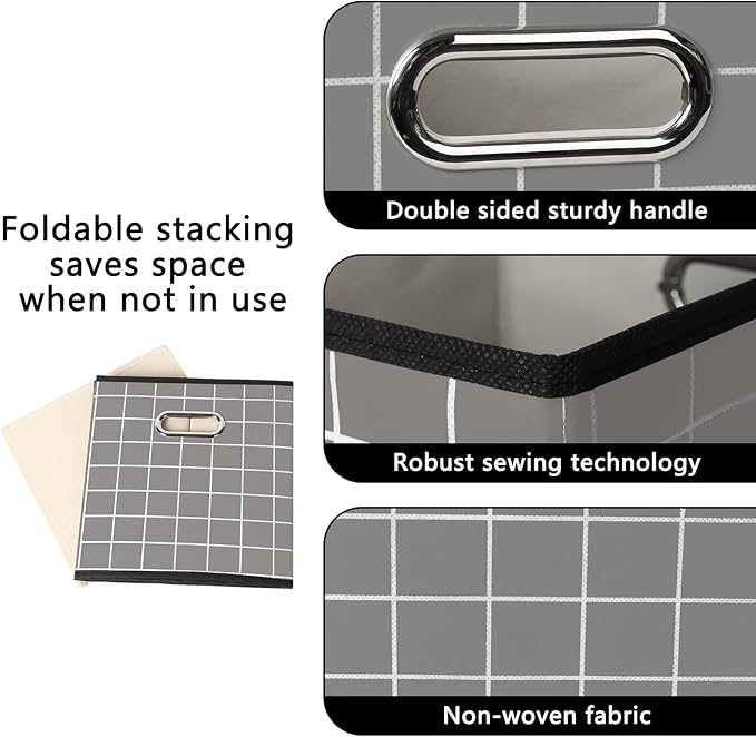 Yunkeeeper storage bins Cubes, Fabric Cube Organizer with Handle, Foldable Cube Bins for Cloth or Accessary Storage, 11x11x11, Set of 3,(Grey grid)