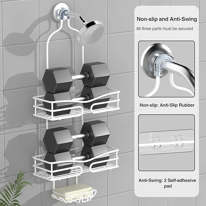 Over Head Shower Caddy - Bathroom Shower Organizer with Soap Holder & 6 Hooks for Towels, White, 76L Capacity, Hanging Mount, Rust Resistant