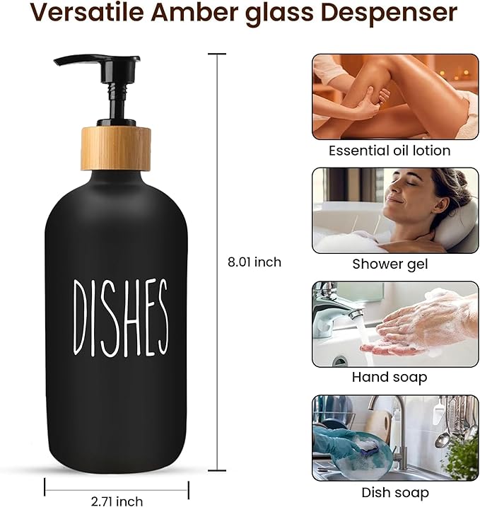 16 OZ Thick Black Glass Soap Dispenser, Bamboo Pump with Tray 2 Pack, Hand and Dish Soap Dispenser Set for Bathroom with 6 Waterproof Labels