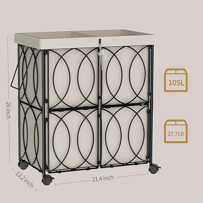 VIPLEO Laundry Hamper with 2 Section, Large 105L Rolling Laundry Basket with Wheels, Metal Heavy Duty Laundry Hamper with Detachable Bags, Dirty Clothes Hamper Organizer for Bedroom, Bathroom(Beige)