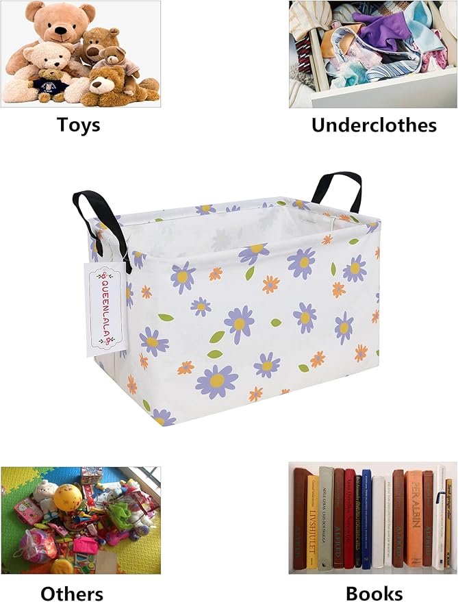 QUEENLALA Rectangular Laundry Hamper/Foldable Nursery Laundry Basket for Organizing/Storage Bin Baskets/Children Toy Office Bedroom/Toy Bin Closet Shelf Baskets（Rec-flowers）