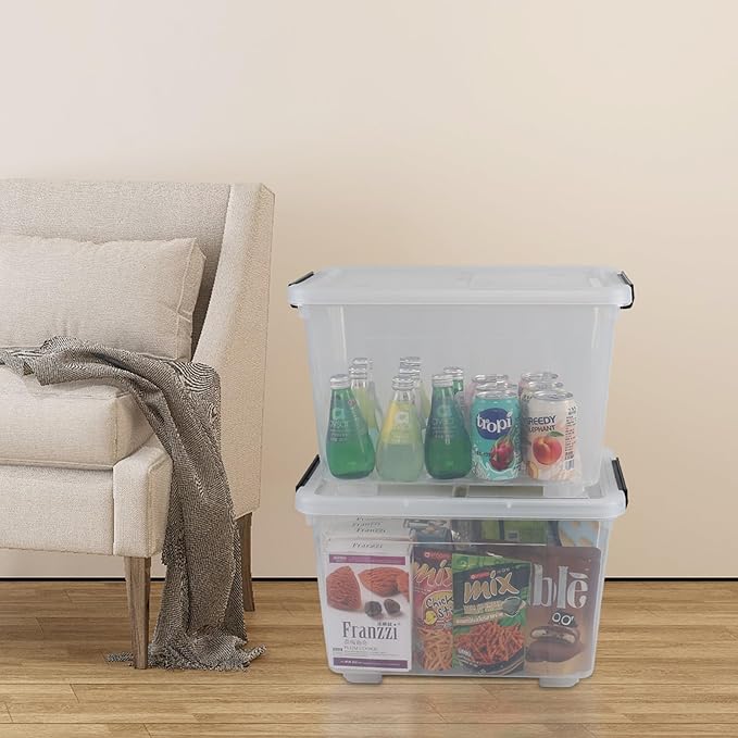 Haodehen 30 Quart Clear Plastic Latch Storage Bins with Wheels, 4-Pack Wheeled Clear Storage Totes