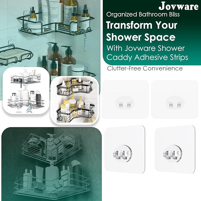 Jovware Shower Caddy Adhesive Replacement Stickers 4 Pack Single Shower Caddy Hook, Bathroom Shelf Adhesive Mount Replacement 1 Hook, Individual Adhesive Strips for Sponge Caddy Soap Holder Sink Caddy
