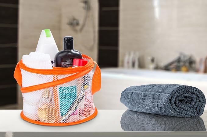 Handy Laundry Foldable Shower Caddy - Collapsible, Portable, Drainage Hole, Carry Handle, Large Compartments, Great Organizer for Camp, Travel, Gym, and Dorm (Orange)