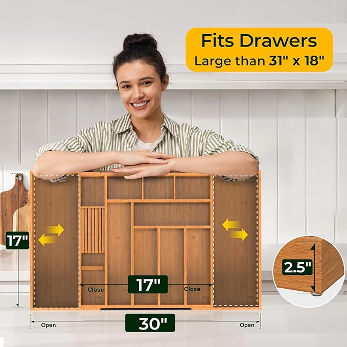 Carbonized Large Bamboo Kitchen Drawer Organizer, 12 Slots Expandable Silverware Organizer, Utensil Holder & Cutlery Tray, 2.5" Deep for Extra Capacity, Non-Slip Feet Included