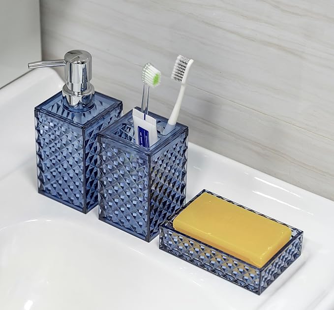 Blue Bathroom Accessories Set, 4 PCS Dark Navy Blue Bathroom Accessories Sets Complete, Diamond Pattern Bathroom Soap Dispenser and Toothbrush Holder Set, Boho Bathroom Décor and Accessories