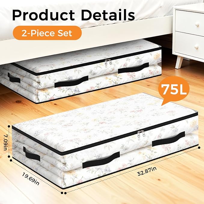 2 Pack Under Bed Storage Bags, 75L Foldable Clear Storage Containers with Handles, Dual Zippers for Comforter, Clothes, Bedding, Linen Sheets, Sweaters, Blanket Storage