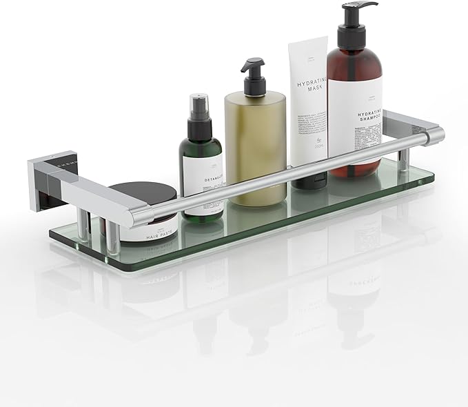 SFGSOWOR Glass Shelves for Wall, Chrome Stainless Steel & Tempered Glass Glass Shelf for Bathroom, Shelf Sink Over Toilet Bathroom Organizer (16-inch, Polished)